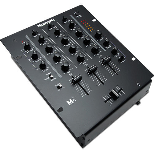Black Numark M4 DJ mixer with multiple knobs, sliders, and input ports for professional audio mixing and DJ performances.