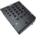 Black Numark M4 DJ mixer with multiple knobs, sliders, and input ports for professional audio mixing and DJ performances.