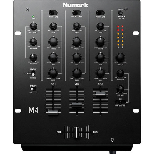 Black Numark M4 DJ mixer with multiple knobs and faders, designed for professional audio mixing and DJ setups.