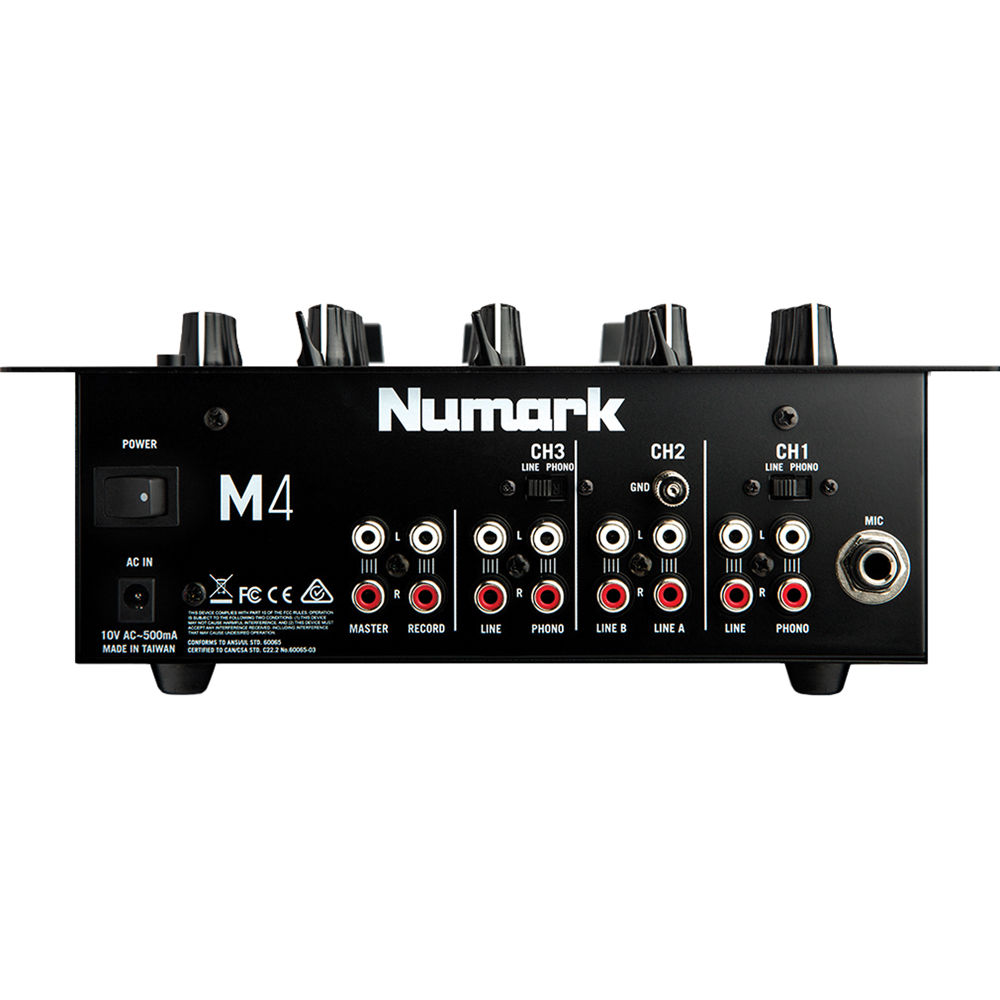 Black Numark M4 DJ mixer with multiple knobs, sliders, and input ports, designed for professional DJ mixing and audio control.
