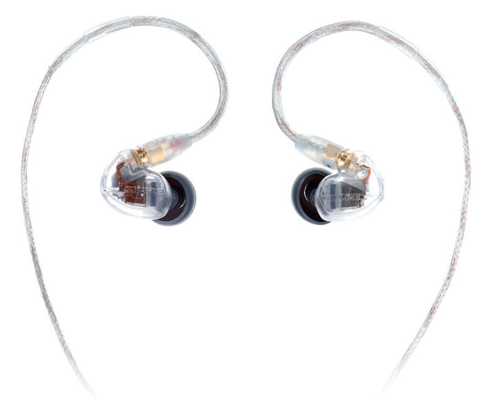 Shure SE425-CL wired in-ear headphones with clear sound isolation and detachable cables, shown in the image.