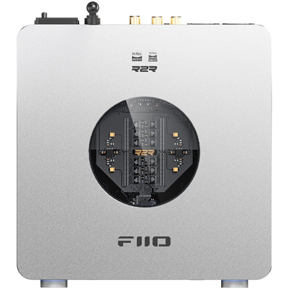FiiO K13 R2R headphone amplifier and DAC with sleek black design and multiple input options for high-quality audio.