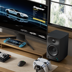 FiiO SP5 desktop speakers with sleek black design and compact shape, ideal for high-quality audio playback.