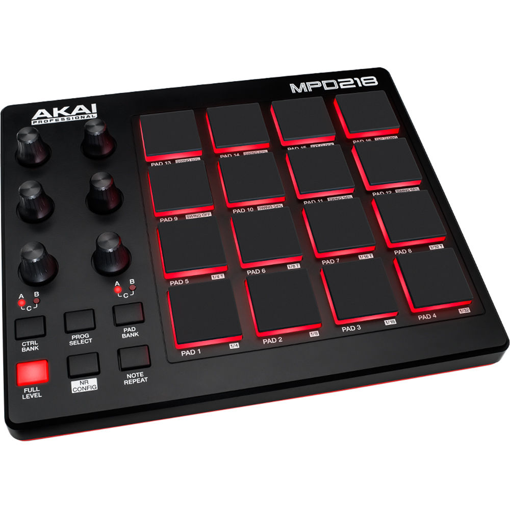 Akai Professional MPD218 MIDI controller with drum pads and control knobs for music production and beat making.