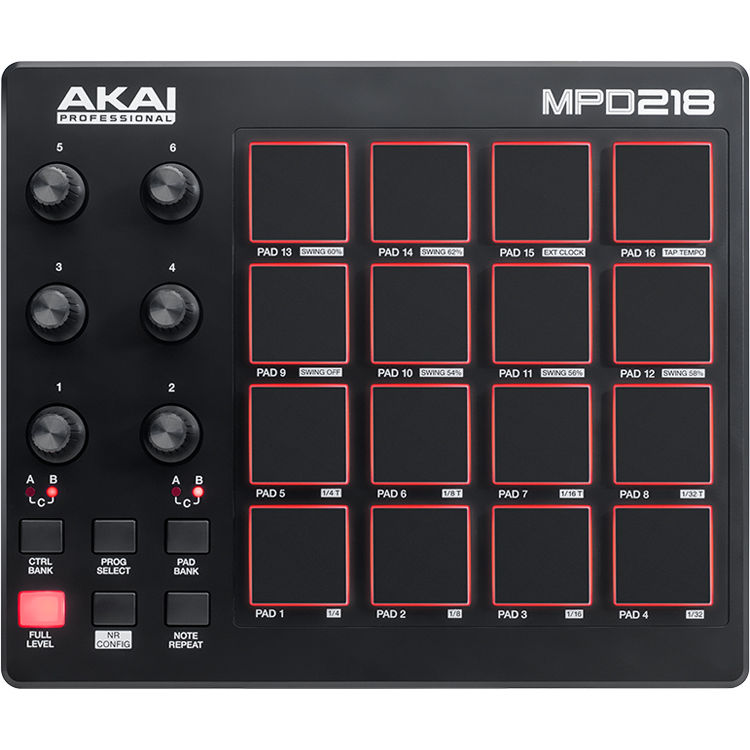 Akai Professional MPD218 MIDI controller with drum pads and control knobs, designed for music production and performance.