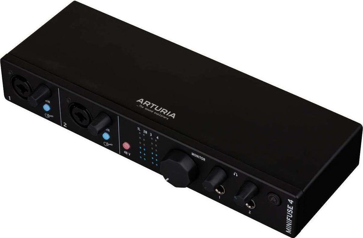 Arturia MiniFuse 4 audio interface with multiple input and output ports, compact design, and professional audio connectivity.