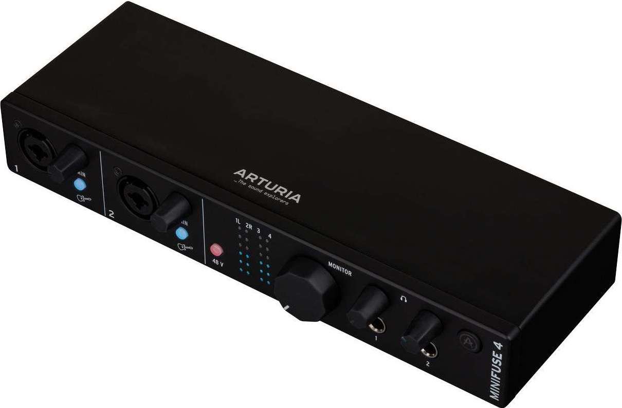 Arturia MiniFuse 4 audio interface with multiple input and output ports, compact design, and professional audio connectivity.