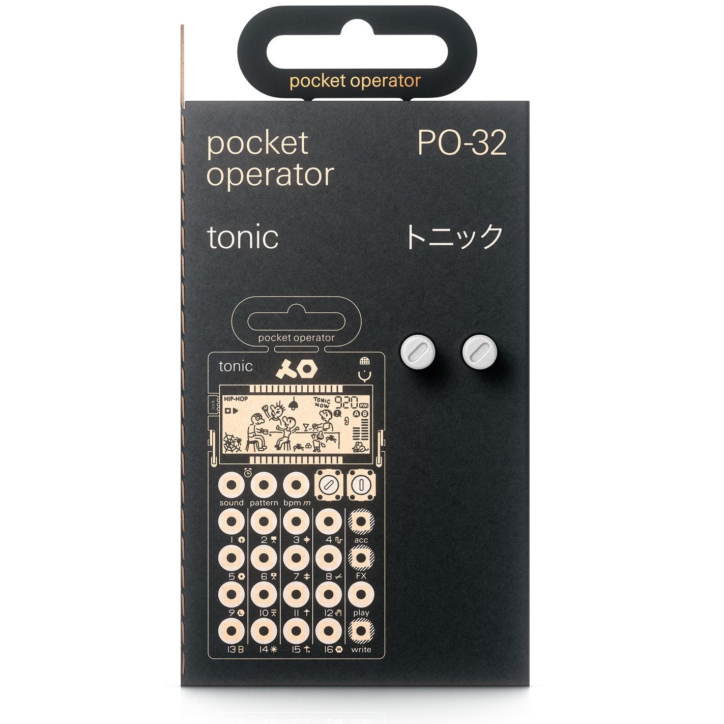 Teenage Engineering PO-32 Tonic portable synthesizer gadget with colorful interface and knobs, used for music production and sound design.