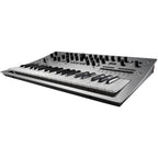 Korg Minilogue analog synthesizer with control knobs, keyboard, and colorful interface, used for music production and sound design.
