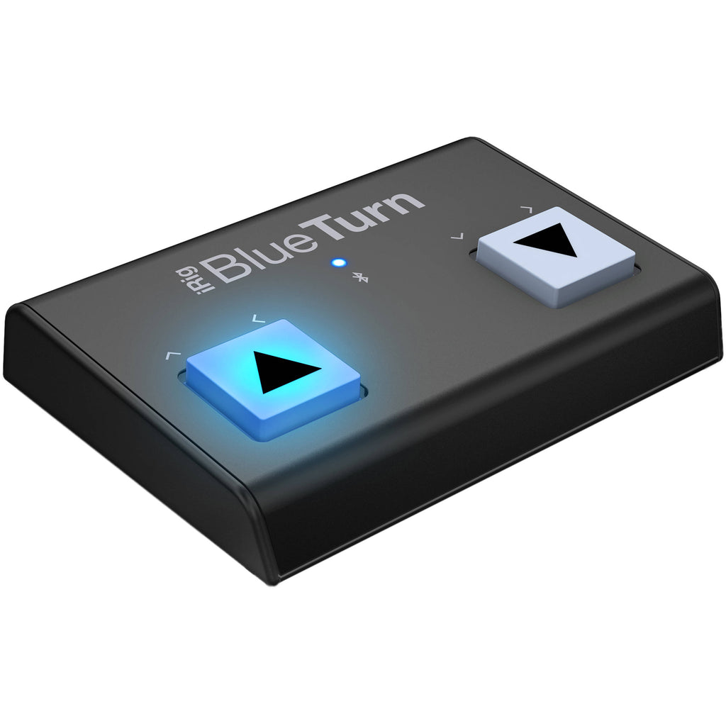 IK Multimedia iRig BlueTurn MIDI footswitch pedal with dual switches and LED indicators for hands-free control of music software.