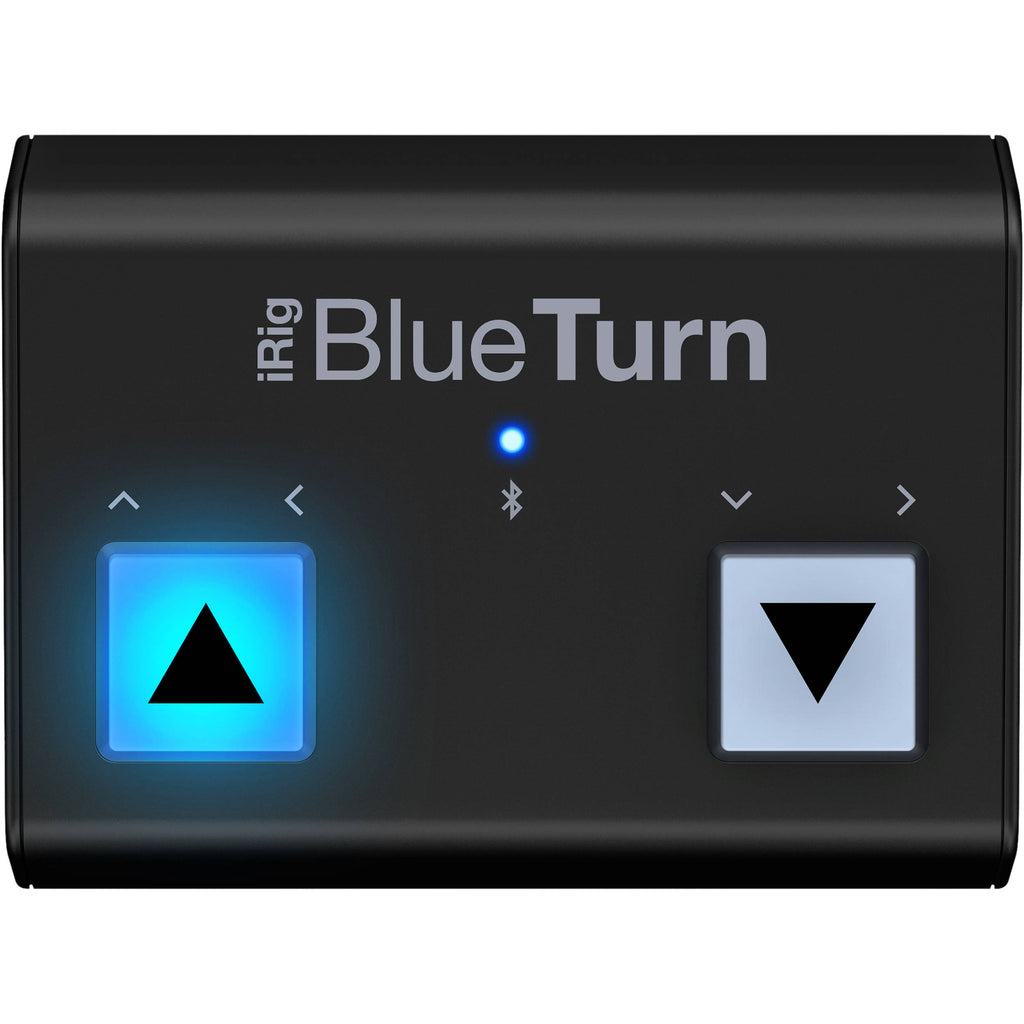 IK Multimedia iRig BlueTurn MIDI footswitch with two foot pedals for hands-free control of music software.