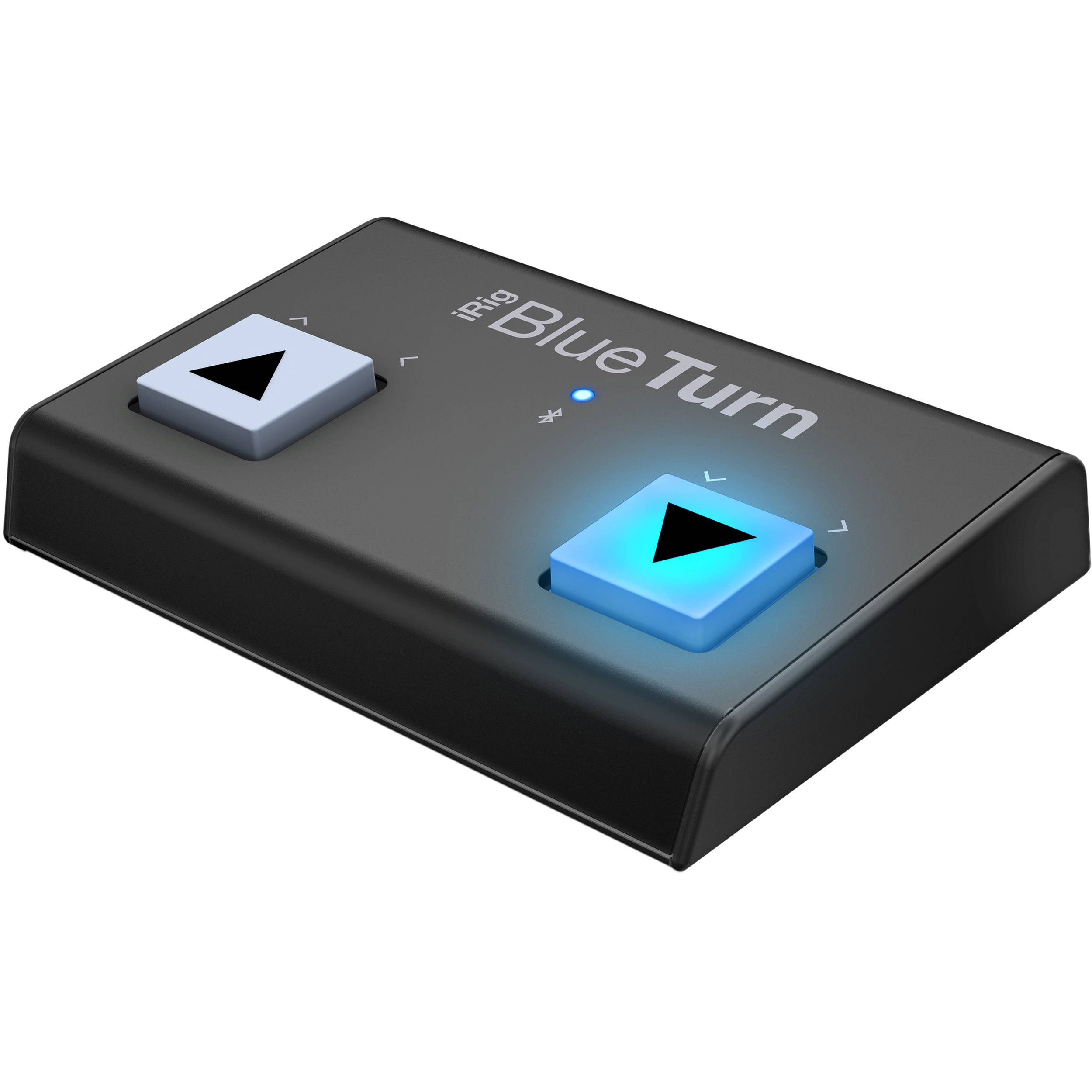 IK Multimedia iRig BlueTurn MIDI footswitch pedal with illuminated buttons and footswitches for music control and live performances.