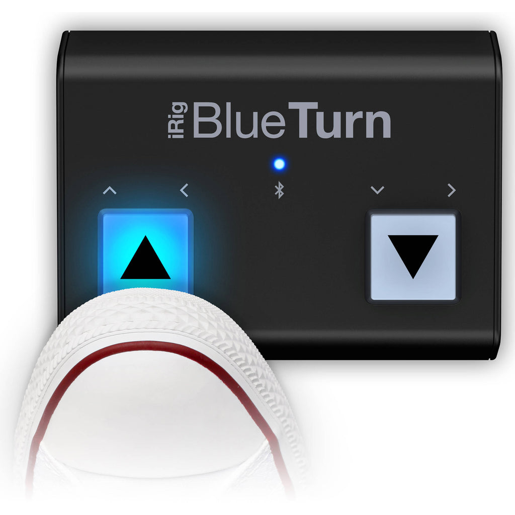 IK Multimedia iRig BlueTurn MIDI footswitch with dual foot pedals and illuminated controls for music and performance setup.
