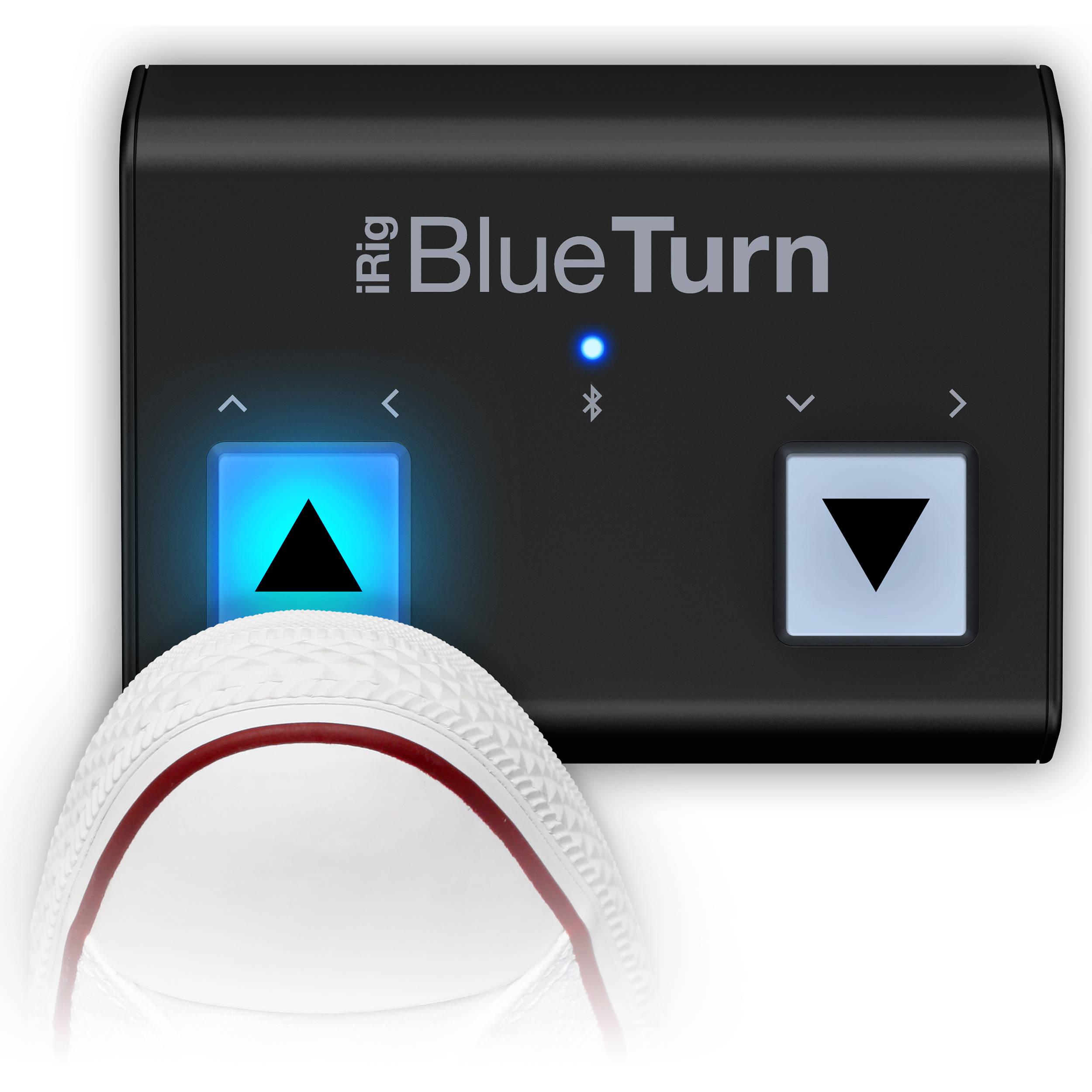 IK Multimedia iRig BlueTurn MIDI footswitch with dual foot pedals and illuminated controls for music and performance setup.