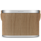 Bang & Olufsen Beosound A5 portable speaker with sleek design, featuring fabric grille and control buttons on top.