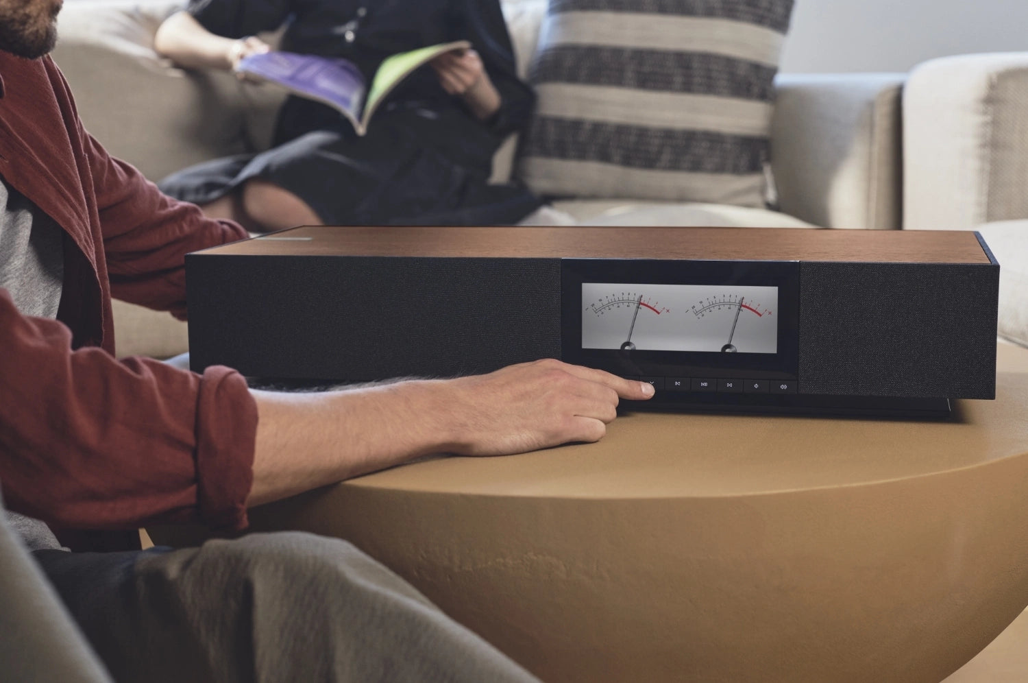 Cambridge Audio Evo One wireless speaker with simple, intuitive control buttons and sleek black design.