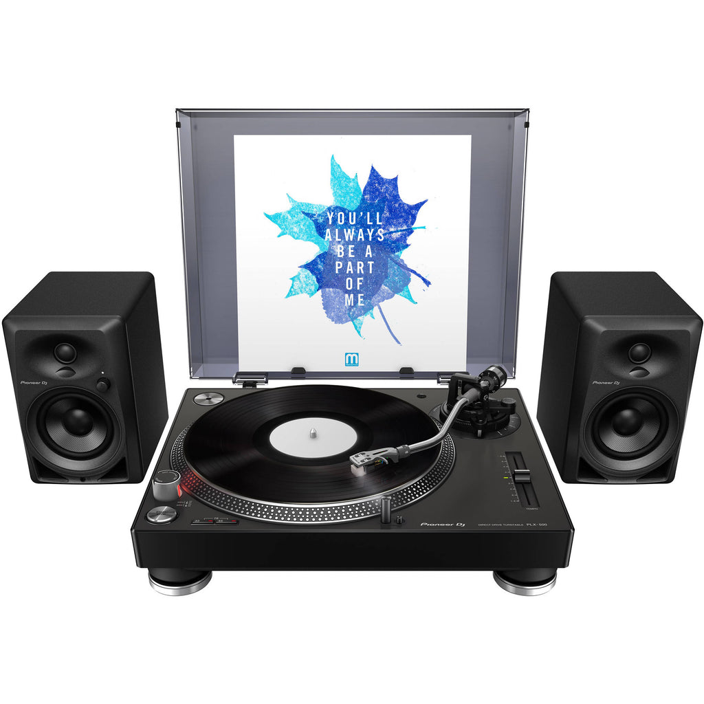 Pioneer DJ PLX-500 DJ turntable with a sleek black design, tonearm, and control buttons for professional vinyl mixing.