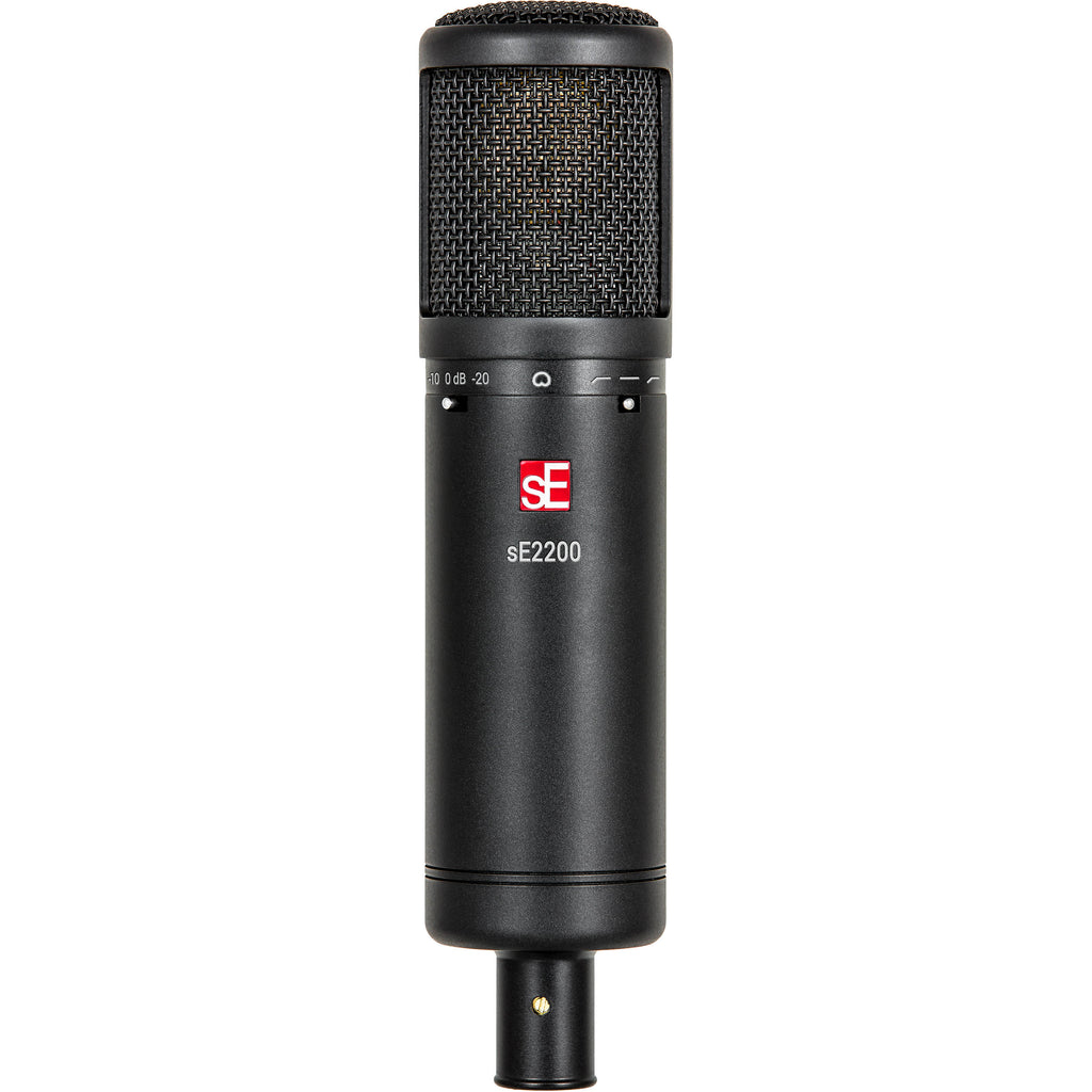 sE Electronics sE2200 condenser microphone with metal grille and shock mount, designed for studio recording and vocals.