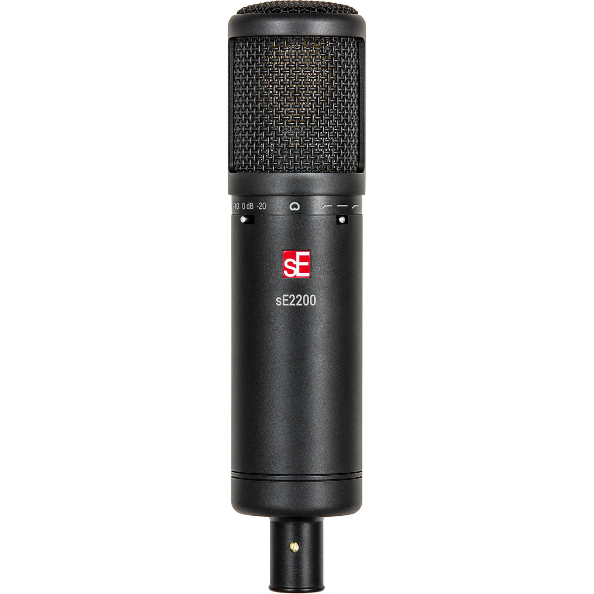 sE Electronics sE2200 condenser microphone with metal grille and shock mount, designed for studio recording and vocals.