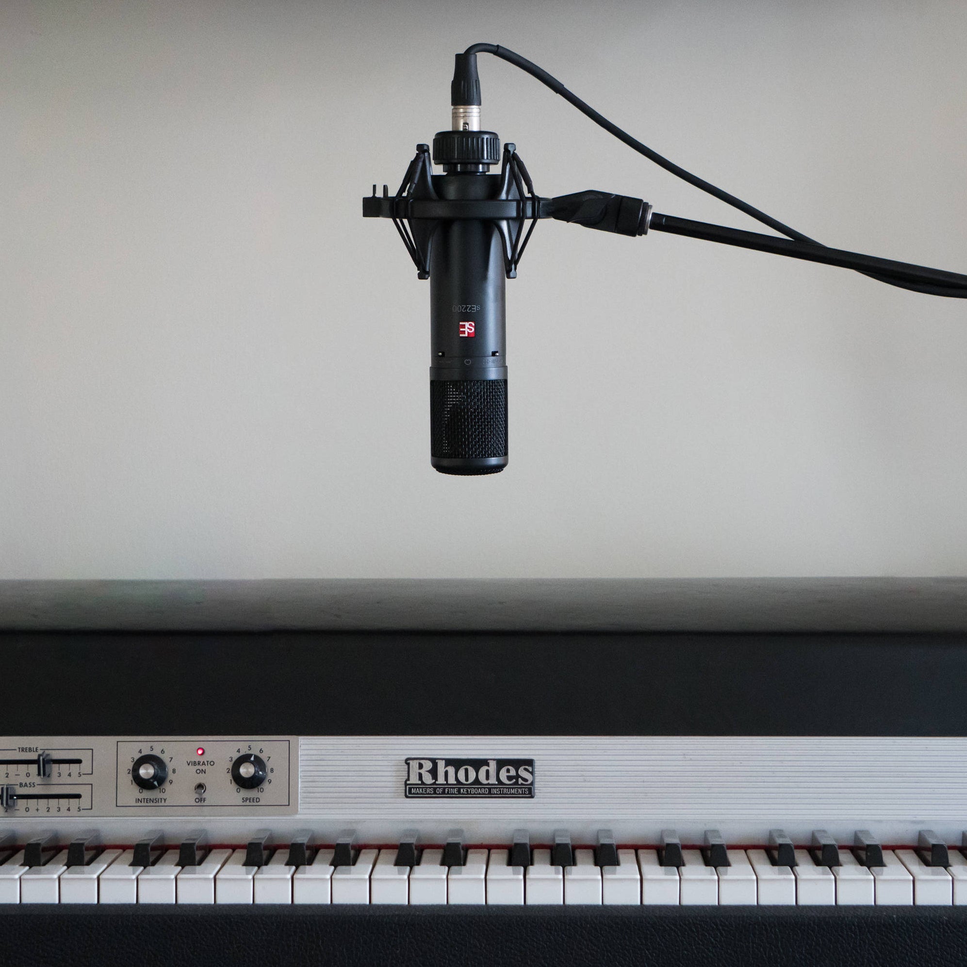 sE Electronics sE2200 condenser microphone with gold finish and shock mount, suited for studio recording and vocals.