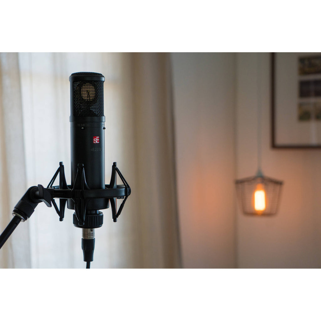 sE Electronics sE2200 condenser microphone with gold grille and metal body, ideal for studio recording and vocals.