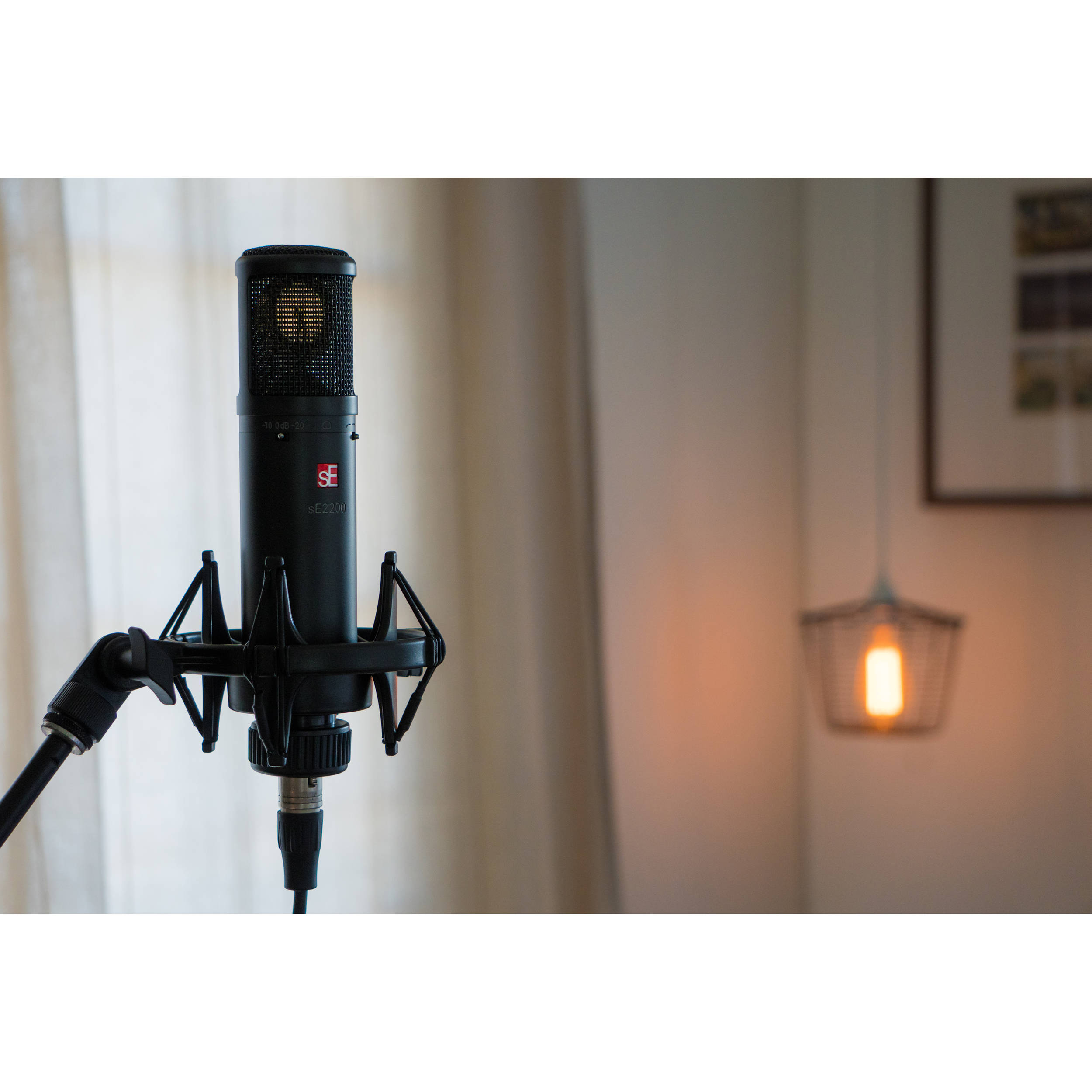 sE Electronics sE2200 condenser microphone with gold grille and metal body, ideal for studio recording and vocals.