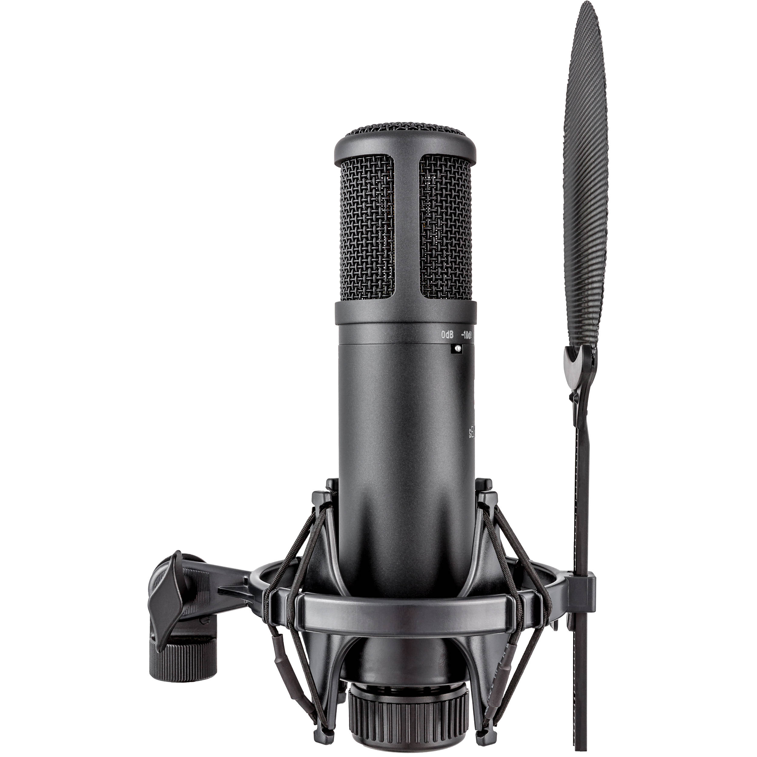 sE Electronics sE2200 condenser microphone with a large diaphragm, shown on a stand, ideal for studio recording.