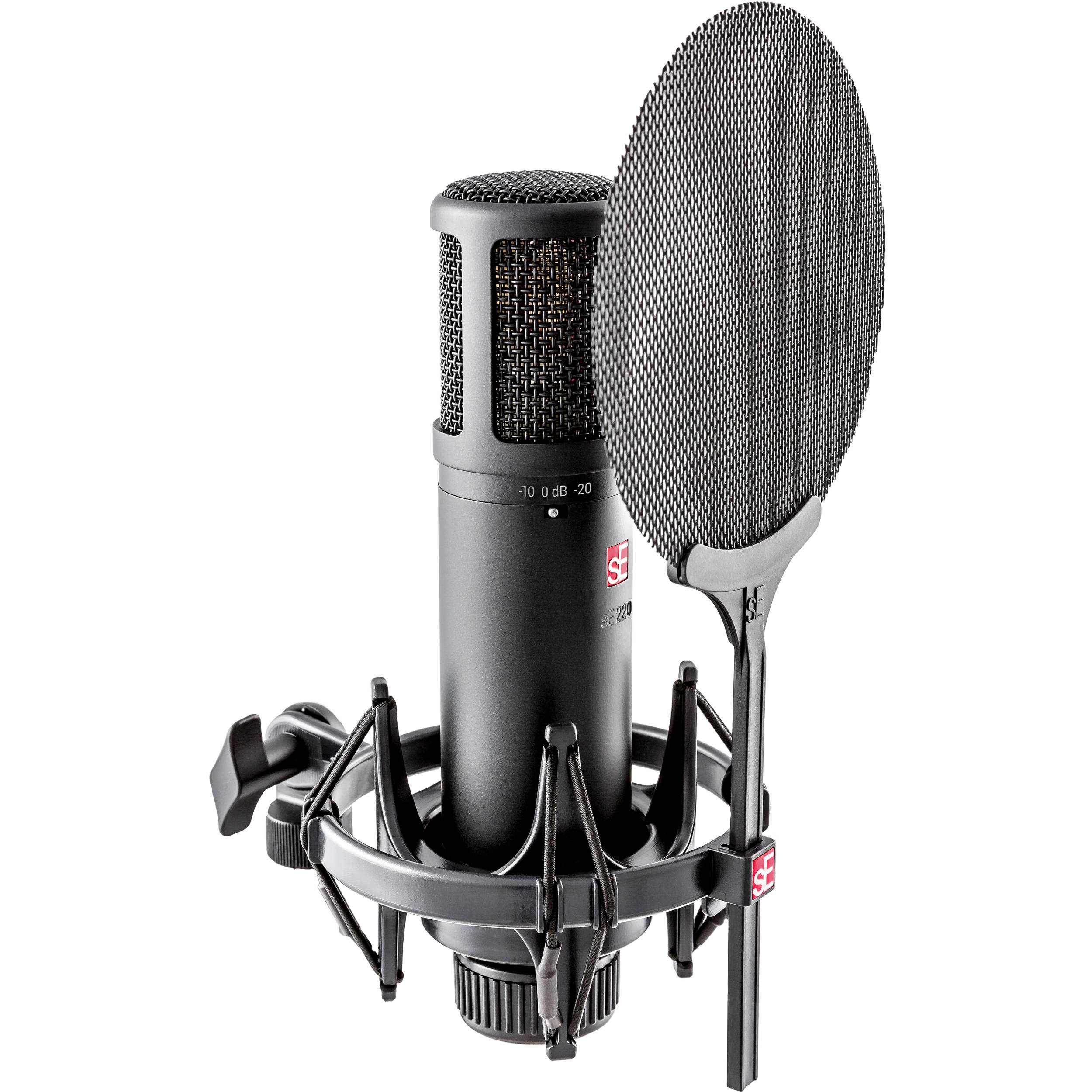 sE Electronics sE2200 condenser microphone with gold grille and black body, suitable for studio recording and vocals.