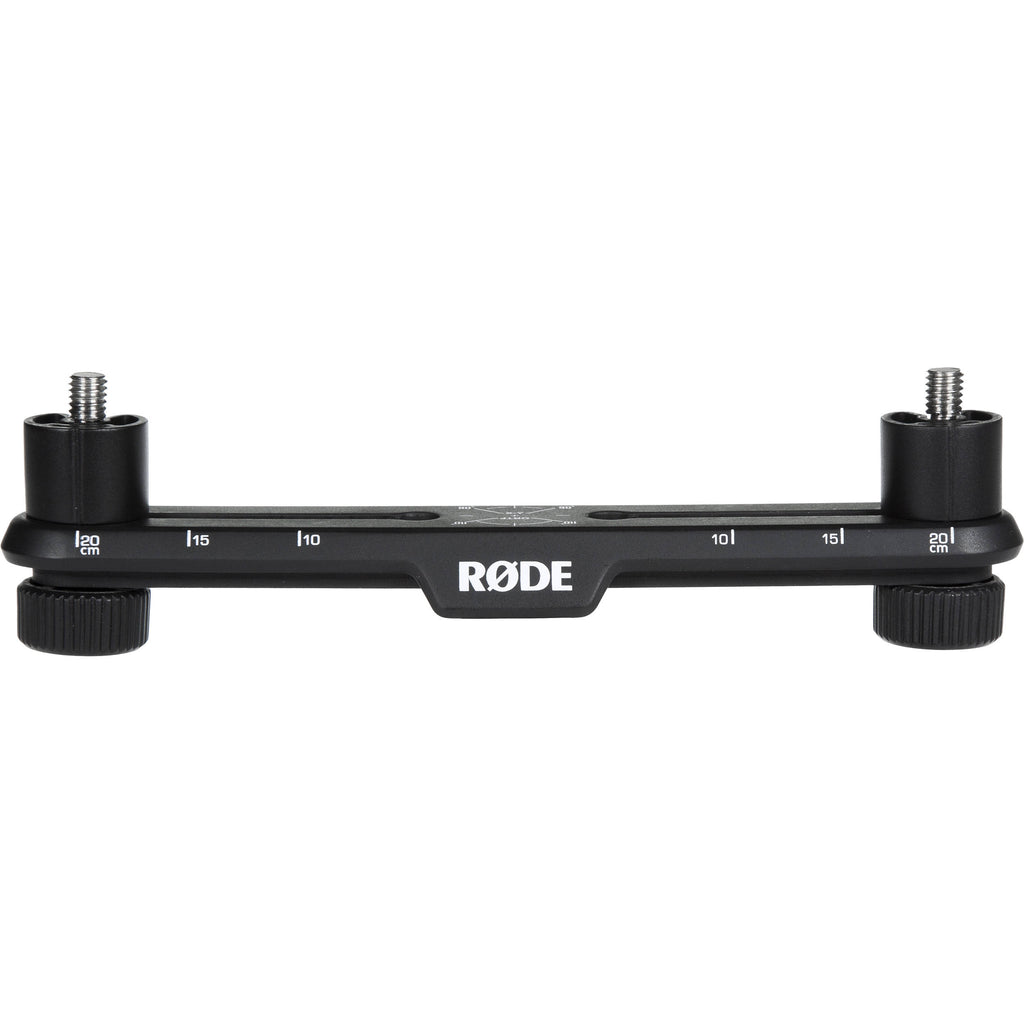 Rode Stereo Bar SB20 microphone accessory, adjustable metal support with mounting holes for stereo microphone setup.