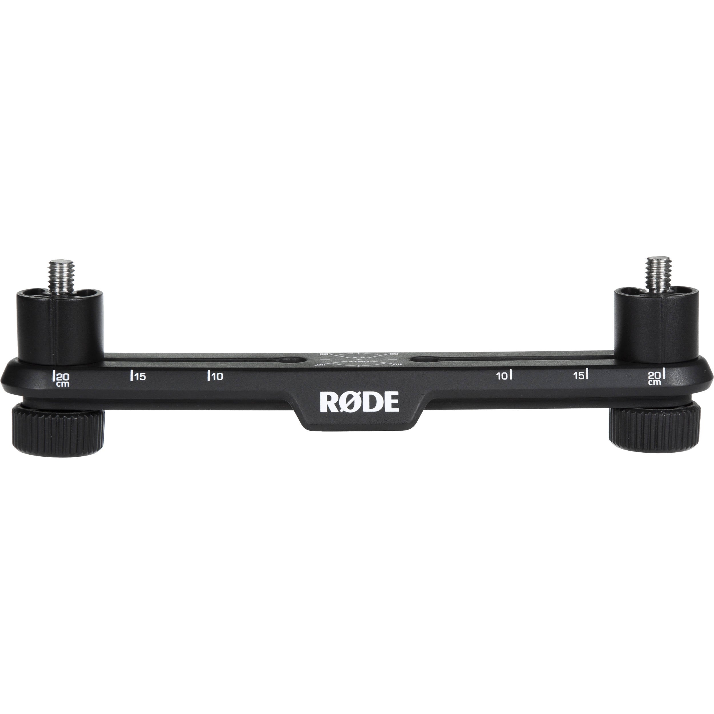 Rode Stereo Bar SB20 microphone accessory, adjustable metal support with mounting holes for stereo microphone setup.