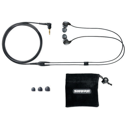 Shure SE112 wired in-ear headphones with black earbuds and inline remote, designed for high-quality audio listening.