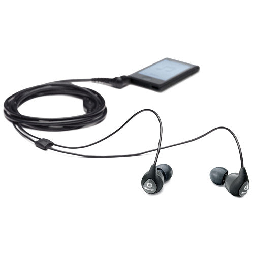 Shure SE112 wired in-ear headphones with black earbuds and inline microphone for mobile device use.