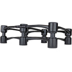 IsoAcoustics Aperta300 studio monitor stands with sleek black design, featuring adjustable height and sturdy construction for optimal audio.