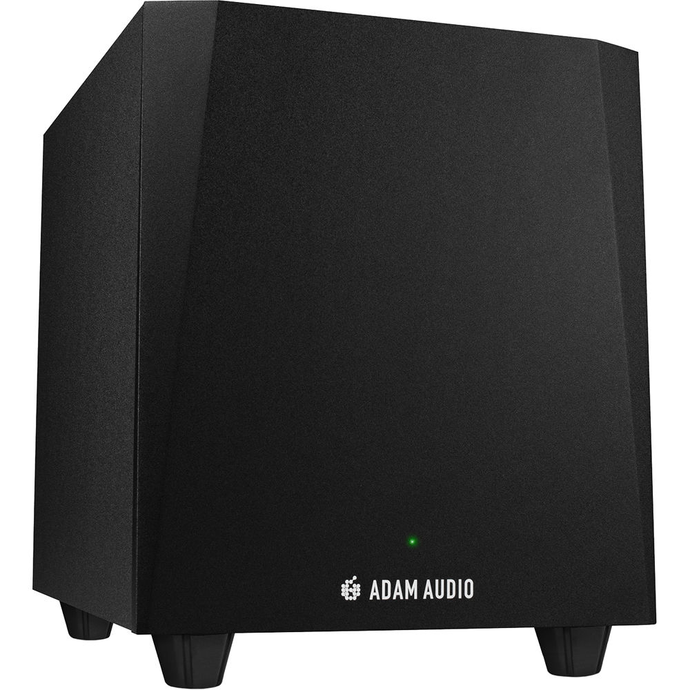 Adam Audio T10s subwoofer with black enclosure and control knobs on the front, designed for professional audio monitoring.