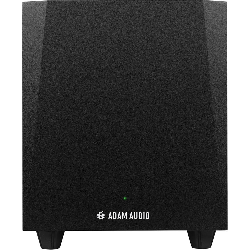 Adam Audio T10s subwoofer with sleek black enclosure and rear control panel for studio sound enhancement.