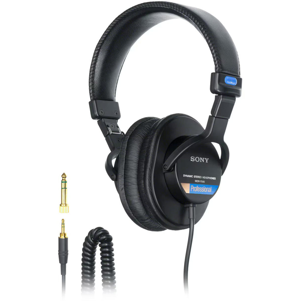 Sony MDR-7506 studio headphones with over-ear design, black color, and padded ear cups for professional audio monitoring.