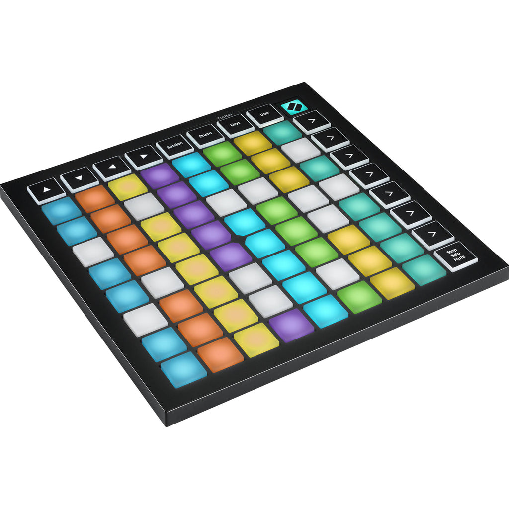 Novation Launchpad Mini MK3 MIDI drum and music production sequencer with colorful grid of pads and controls.