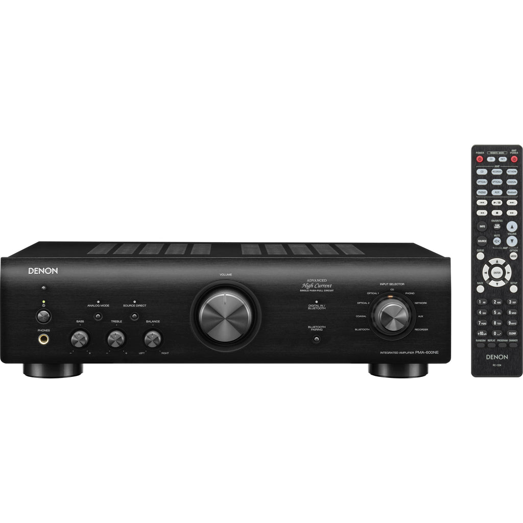 Denon PMA-600NE stereo amplifier with front knobs, input jacks, and a sleek black design for high-quality audio.