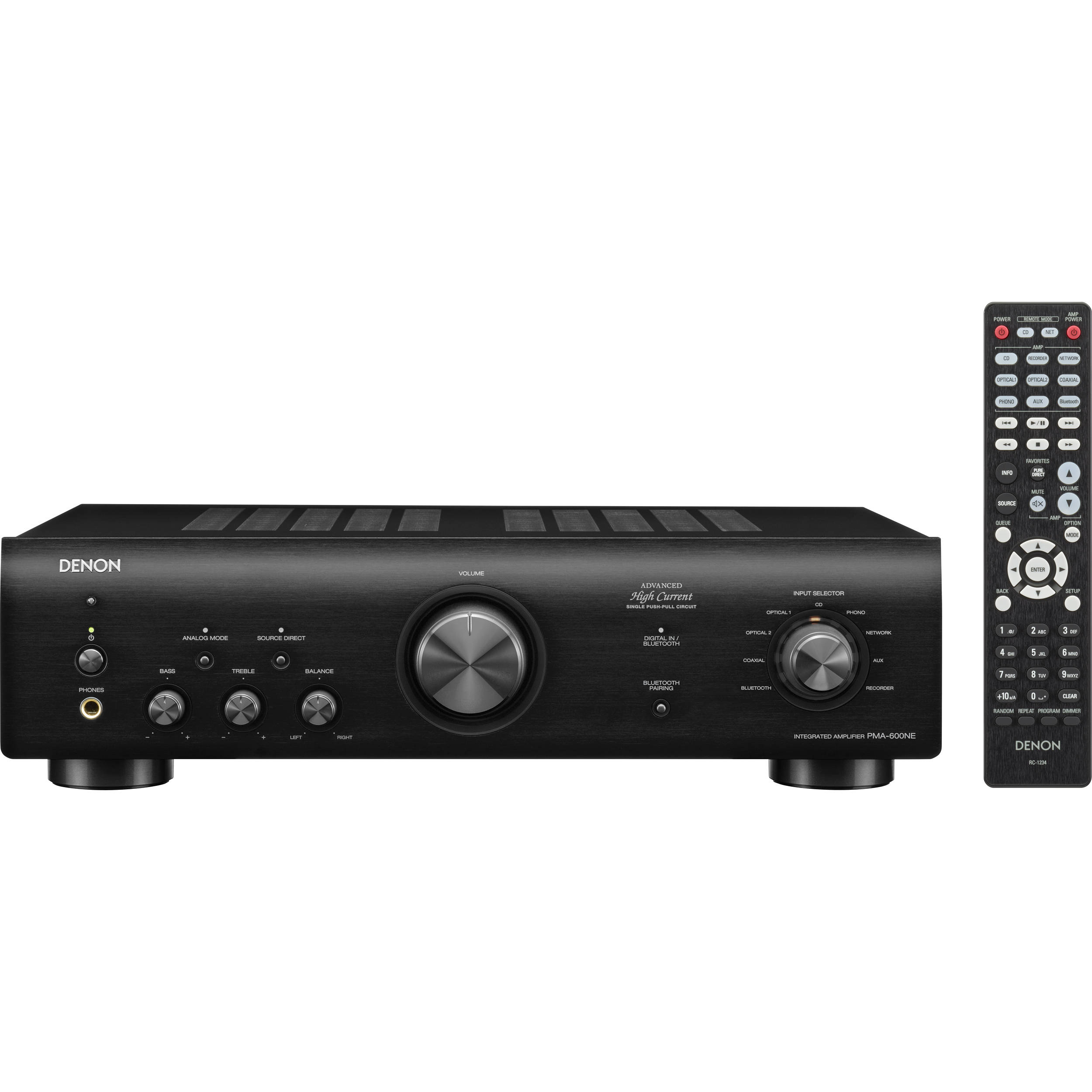 Denon PMA-600NE stereo amplifier with front knobs, input jacks, and a sleek black design for high-quality audio.