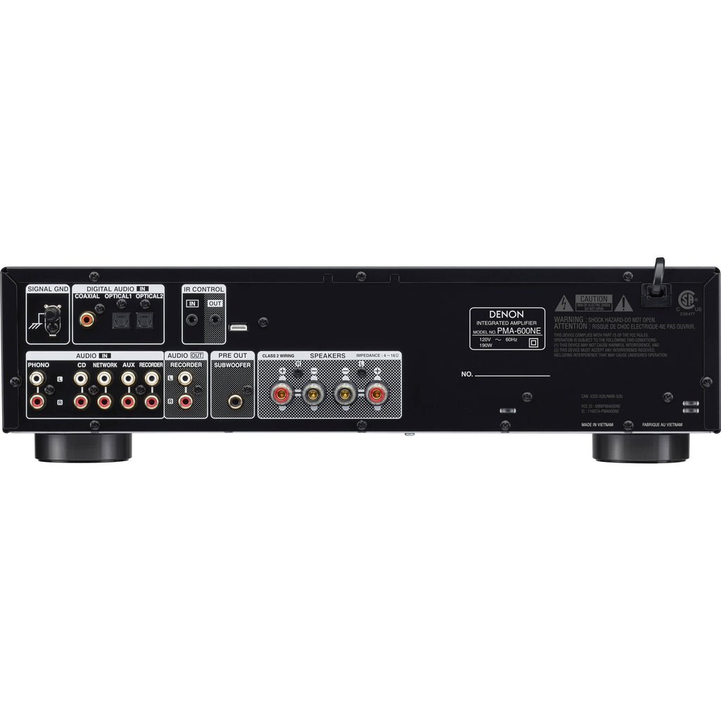 Denon PMA-600NE stereo amplifier with sleek black finish and control knobs, showcasing high-quality audio equipment.