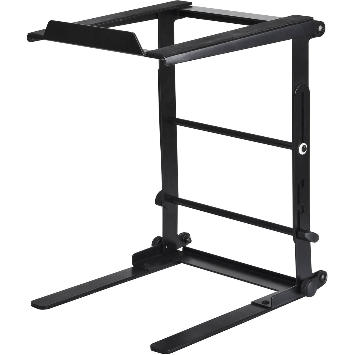 Reloop Laptop Stand Flex V2 shown supporting a laptop, featuring adjustable angles and sturdy construction for ergonomic use.