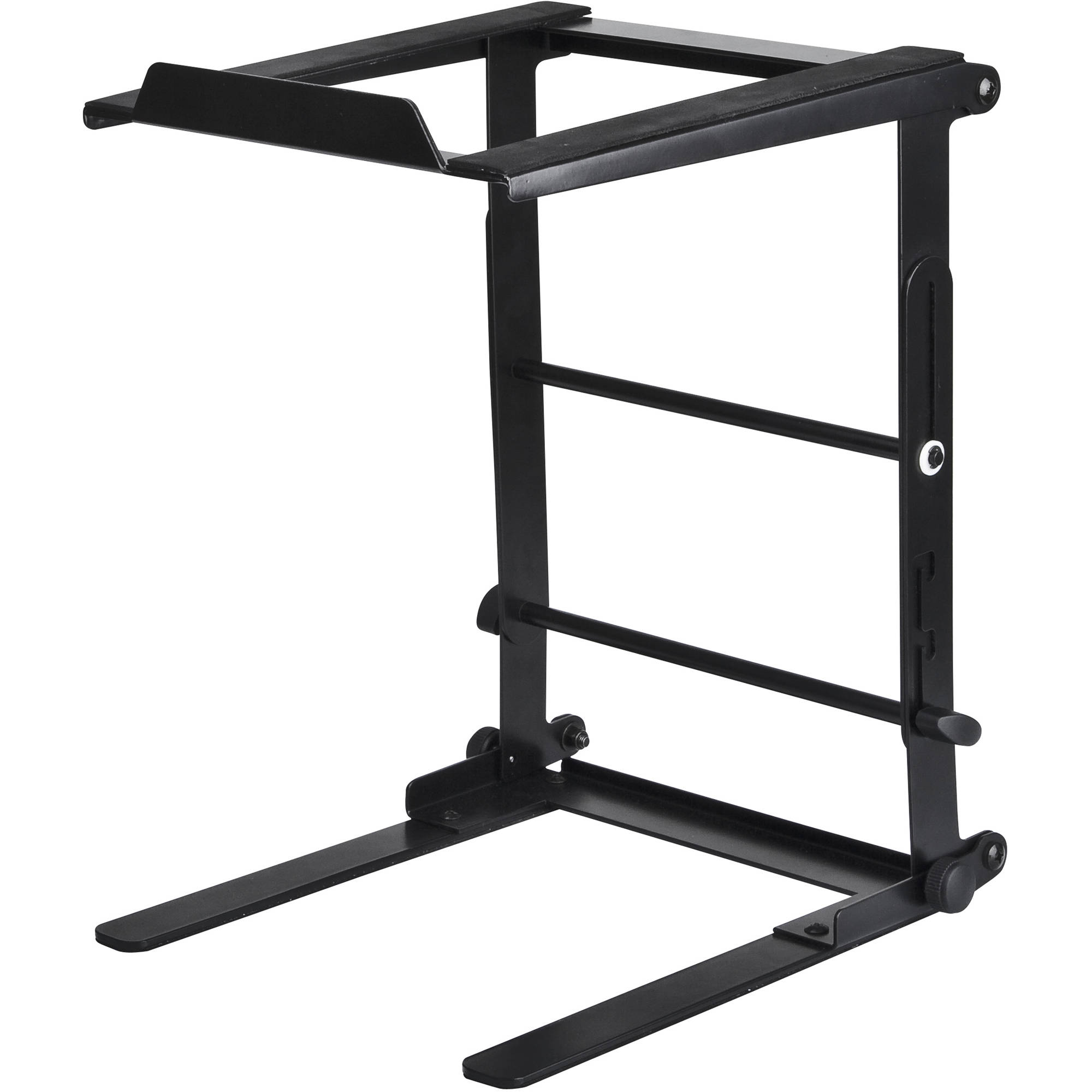 Reloop Laptop Stand Flex V2 shown supporting a laptop, featuring adjustable angles and sturdy construction for ergonomic use.