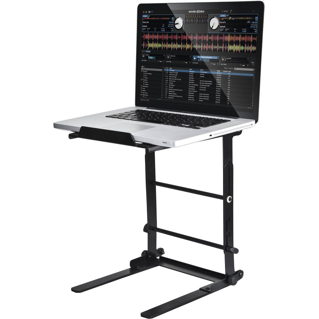 Reloop Laptop Stand Flex V2 for adjustable support and ergonomic positioning of laptops on a flat surface.