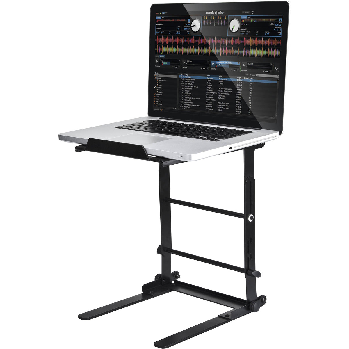 Reloop Laptop Stand Flex V2 for adjustable support and ergonomic positioning of laptops on a flat surface.