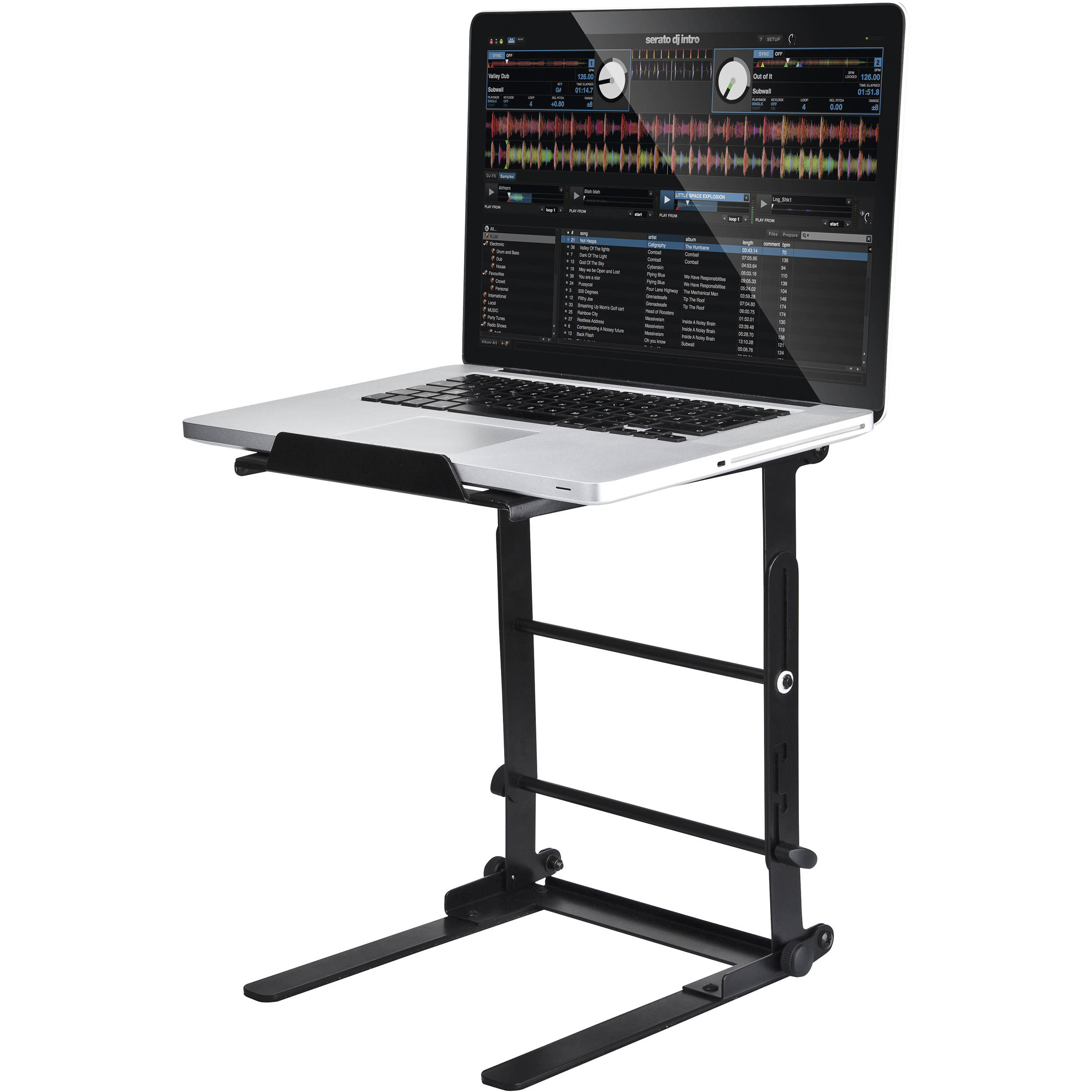 Reloop Laptop Stand Flex V2 for adjustable support and ergonomic positioning of laptops on a flat surface.