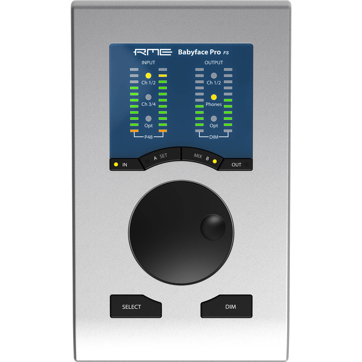 RME Babyface Pro FS audio interface showing front panel with input and output controls and connection ports.