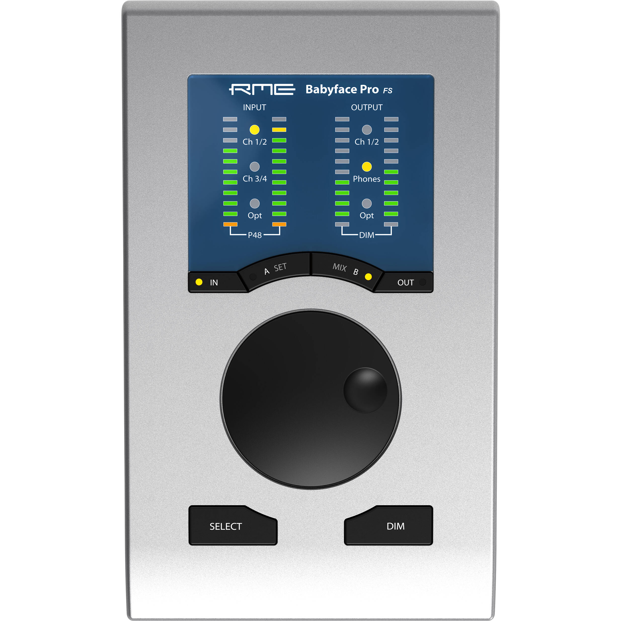 RME Babyface Pro FS audio interface showing front panel with input and output controls and connection ports.