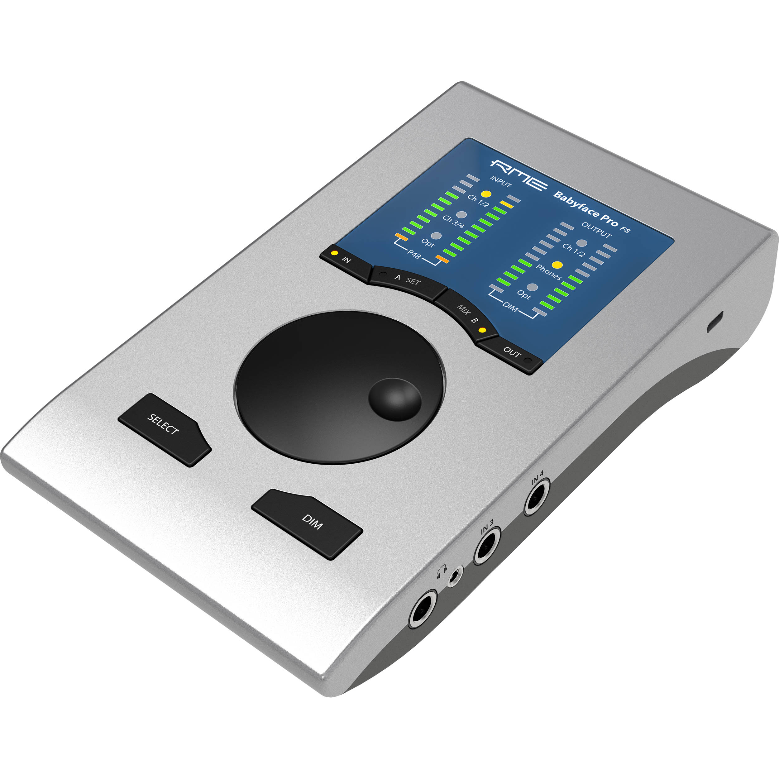 RME Babyface Pro FS audio interface with front and back panels showing input and output connections.