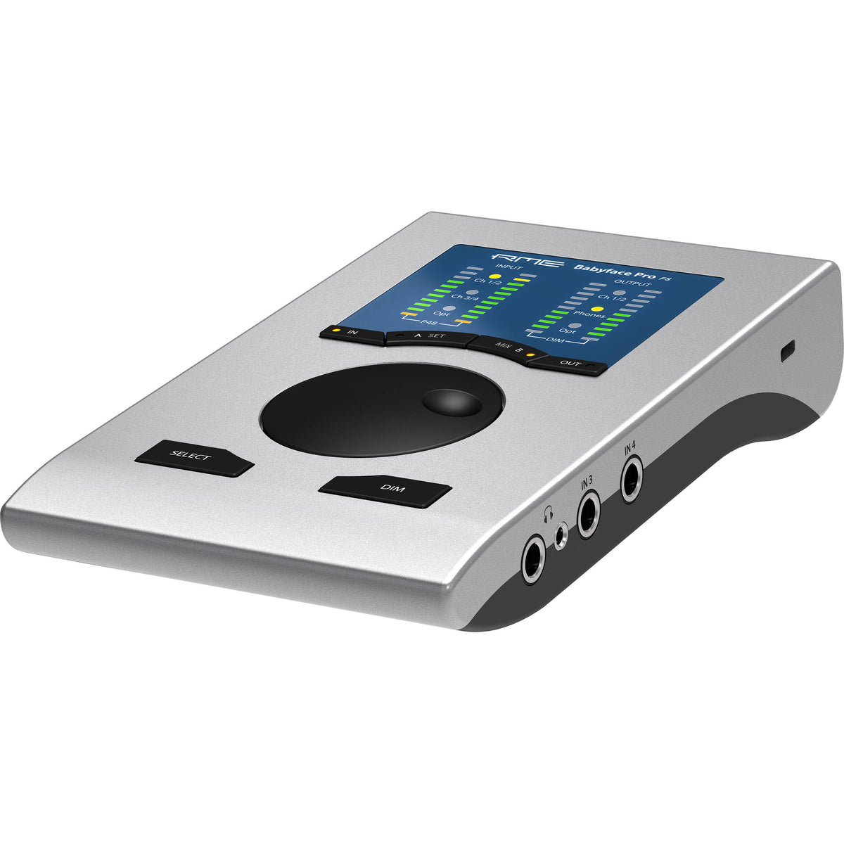 RME Babyface Pro FS audio interface with dual XLR input and USB connection, compact design for professional music production.