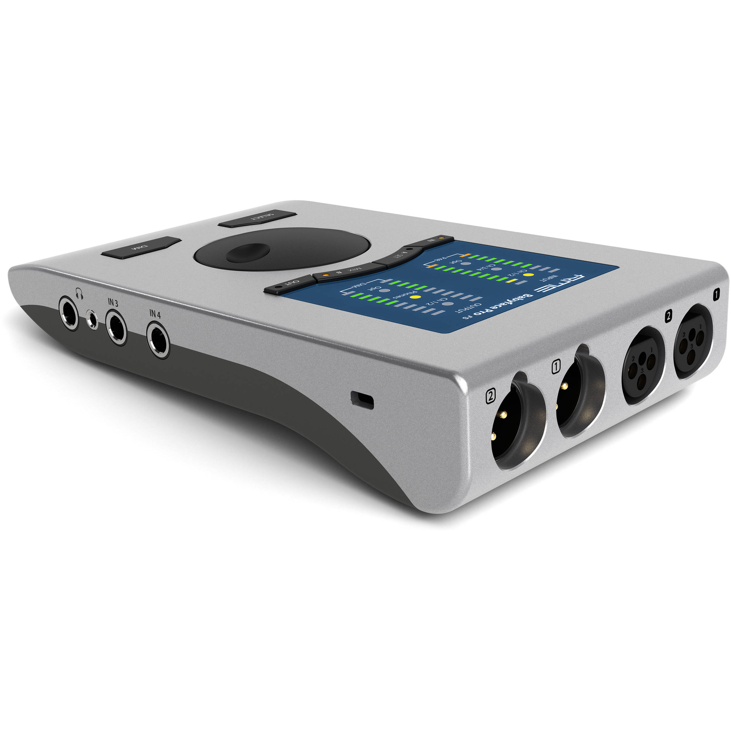 RME Babyface Pro FS audio interface with multiple input and output ports, compact design, and professional-grade audio equipment.
